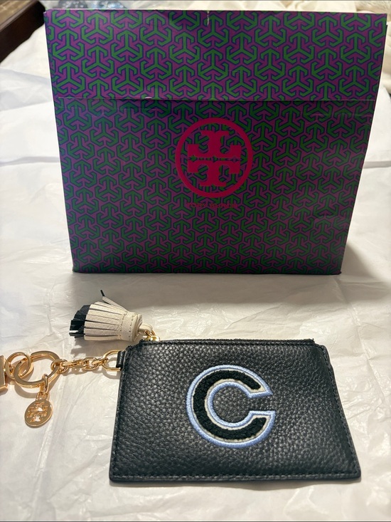 Handbags - Tory Burch Black Leather Zip Card Case with 'C' Initial and Tassel Keychain